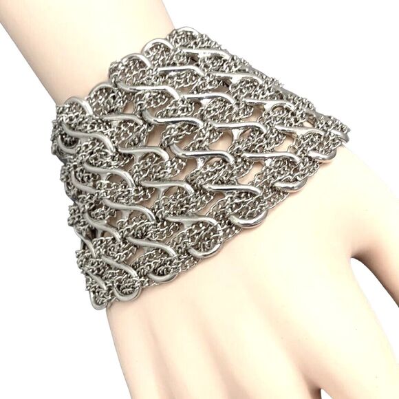 Jennifer Lopez Mesh Silver Tone Bracelet 7"-8" Icy Rhinestone JLO Wide Chain - Picture 9 of 9